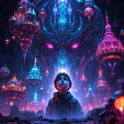 The primary subject of the image is a young boy standing in a dark, surreal environment. The setting appears to be a fantasy world with a castle-like structure in the background. The visual style of the image is a digital art or illustration, creating a sense of wonder and mystery. The dominant colors in the scene are dark shades, such as black, purple, and blue, which contribute to the eerie and enigmatic atmosphere.